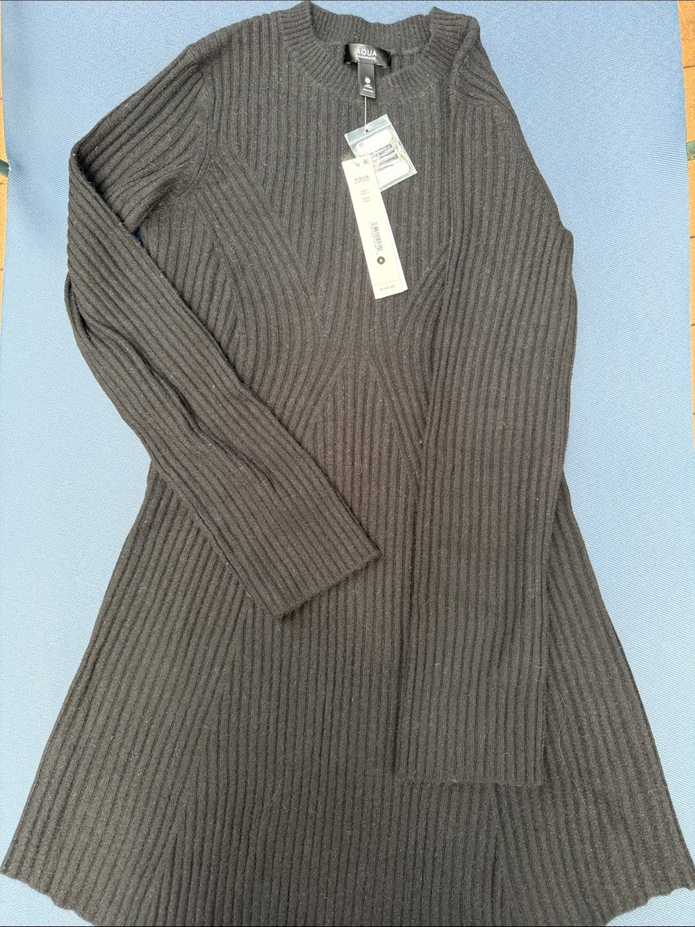 Aqua Black Ribbed Cashmere Crewneck Sweater Dress